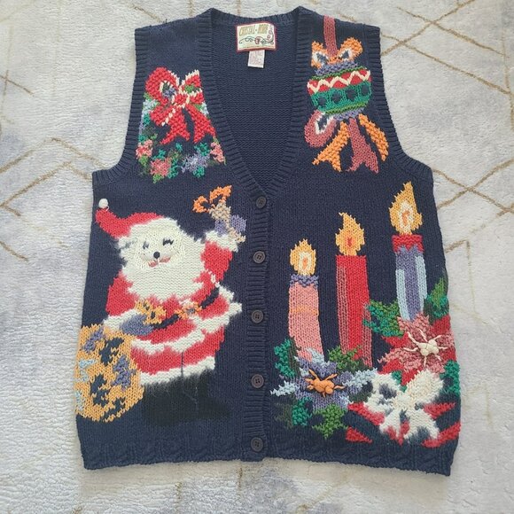 Vintage Crystal Kobe Santa Christmas Sweater Vest S M 80s Holiday Knit Candles - Picture 1 of 7